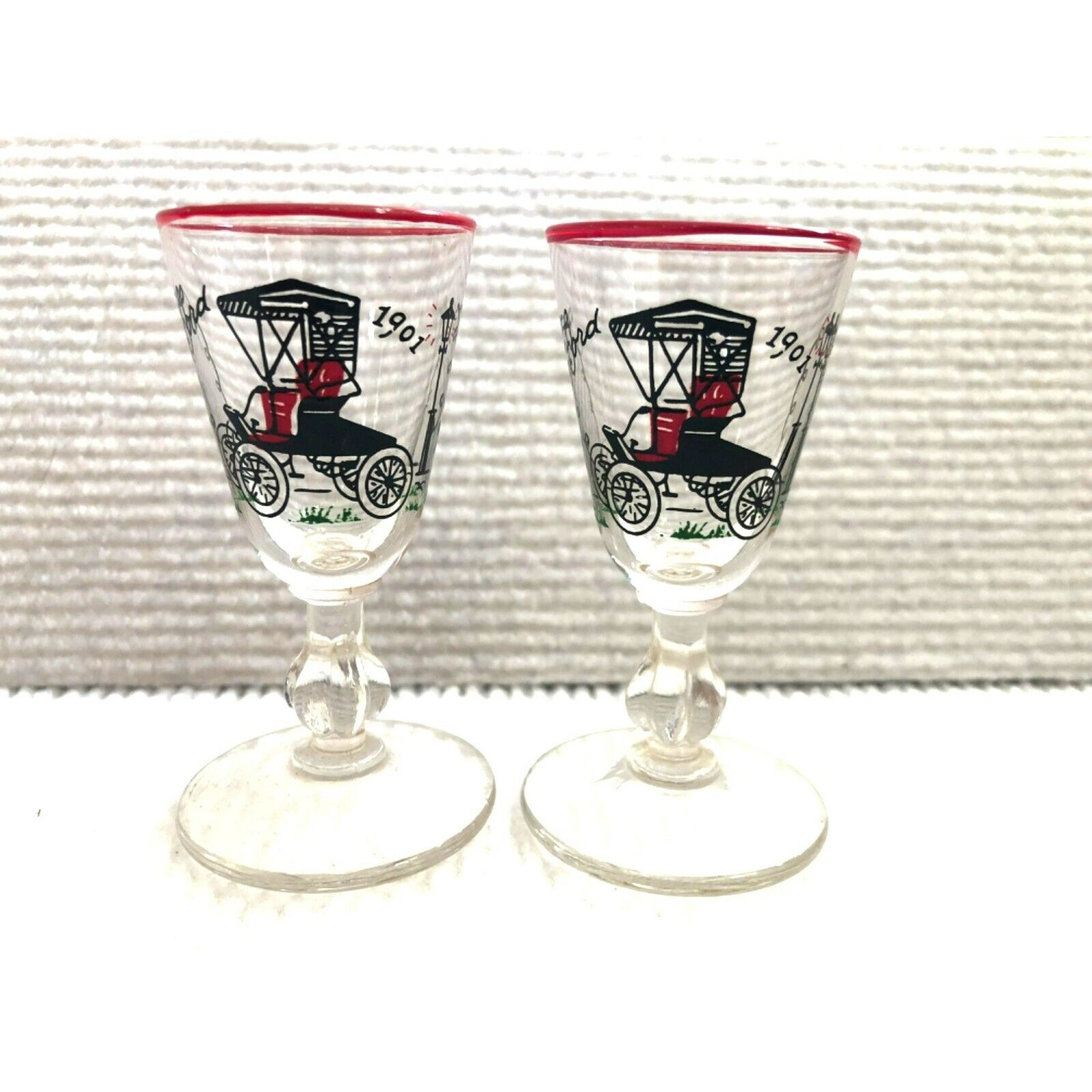 Libbey 50s Shooter Red Rimmed Bar Glasses Featuring 1901 Ford Set of 2