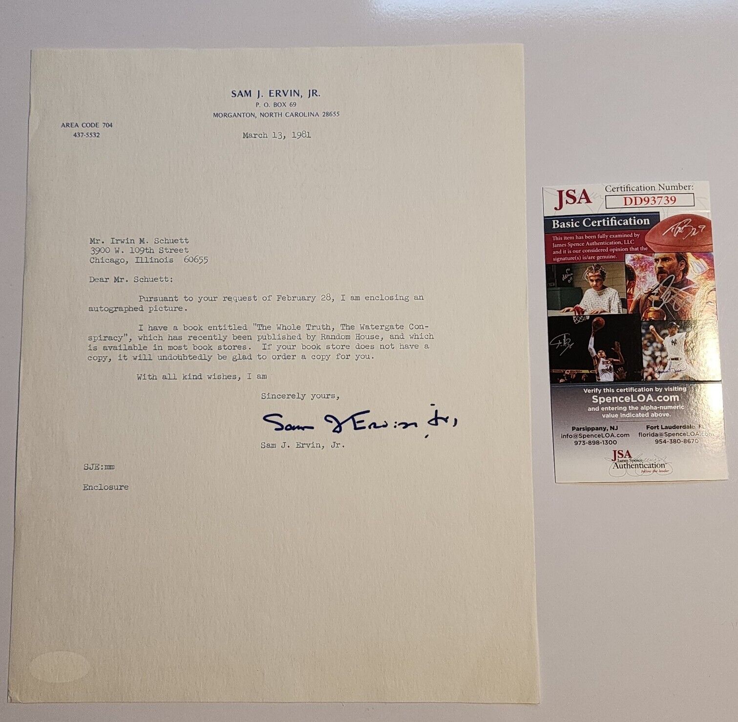 Sam Ervin Jr Watergate Autograph JSA COA Signed Auto Richard Nixon Scandal 4