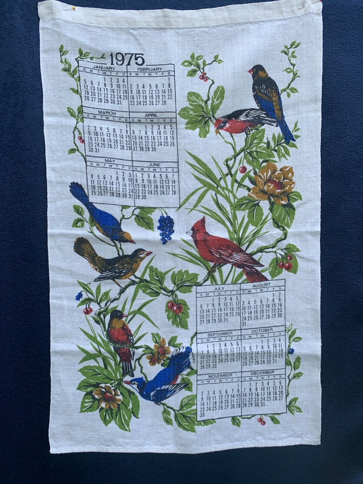 Vintage 1975 Song Birds Fruit Trees Calendar Linen Tea Towel Wall Hanging Cloth