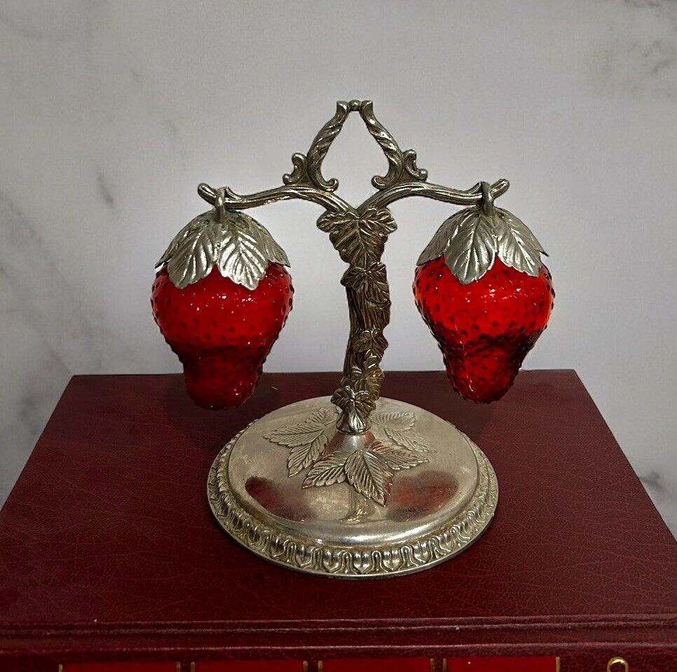 Vtg Ruby Red Glass Hanging Strawberry Salt & Pepper Shakers With Stand UV Glow