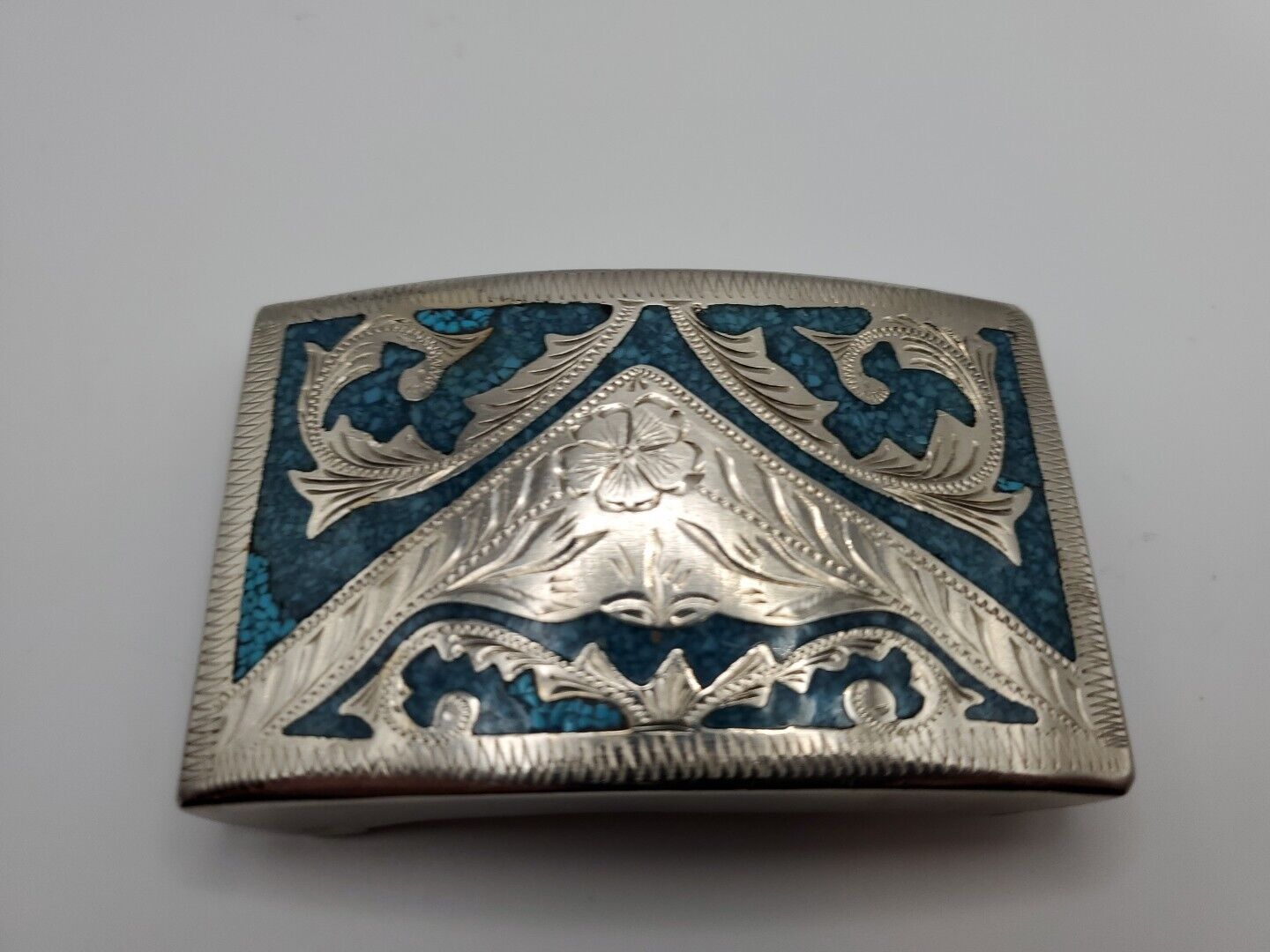 Vintage Silver Mexico Alpaca Taxco Crushed Turquoise Native Belt Buckle 53 Grams