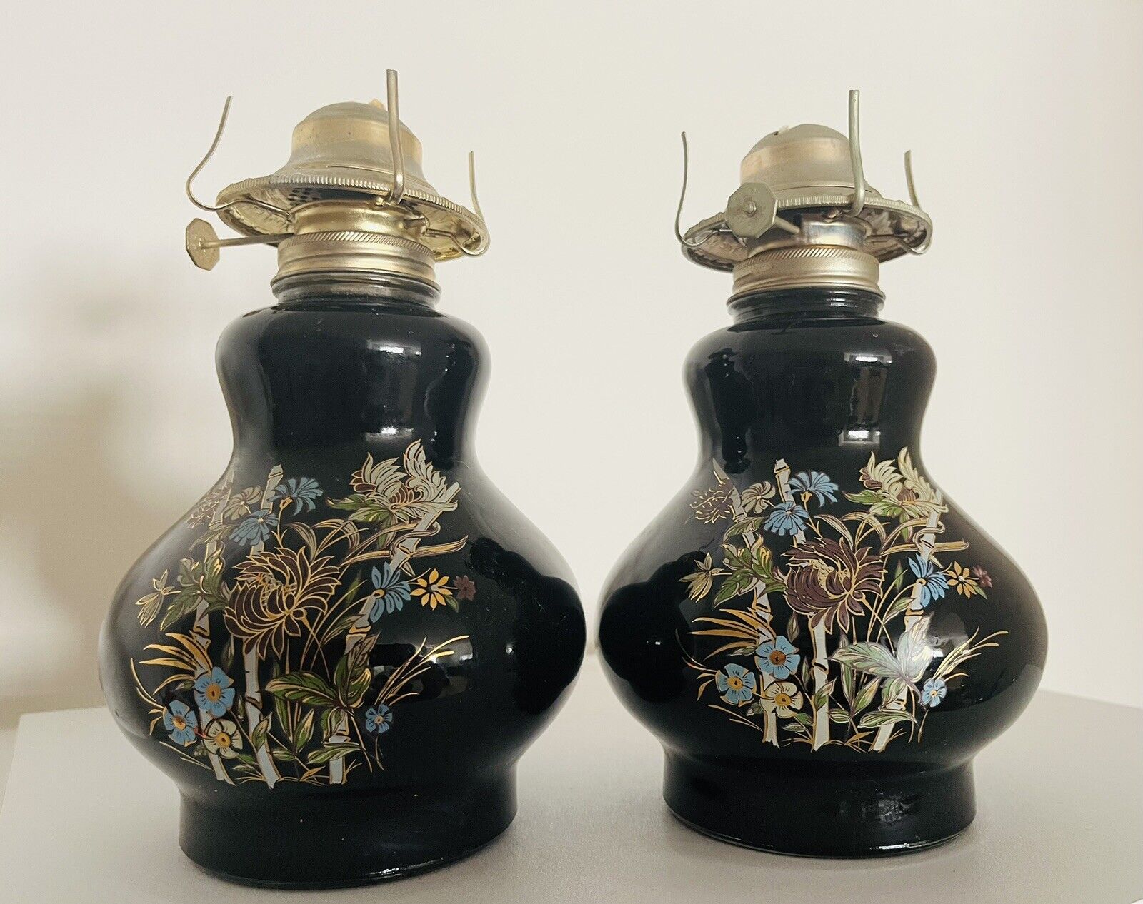Pair of Vintage Kaaden Ltd Floral Black Glass Kerosene Lamps