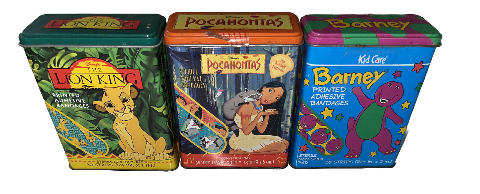 Rare Vintage 90s Bandaid Tin Kid Care LOT Lion King Pocahontas Barney Disney Vtg