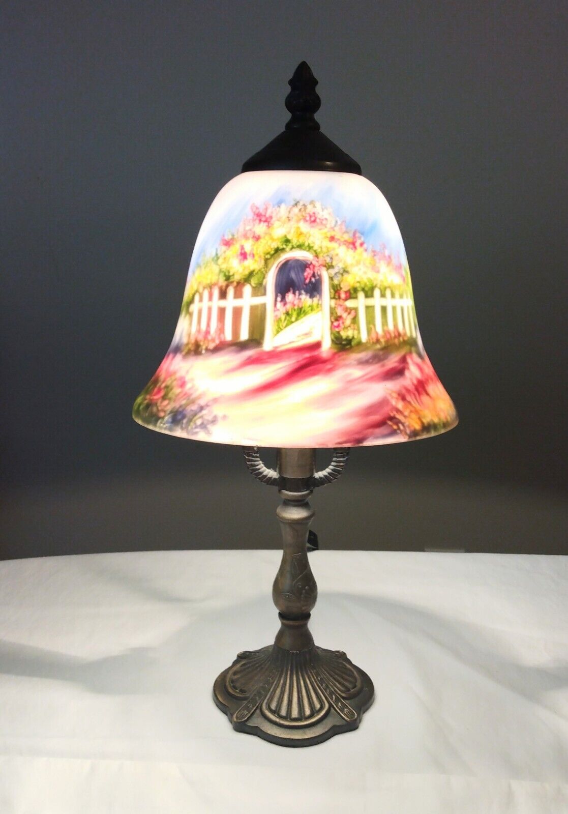 Tiffany-Style Table, Desk, Nightstand Lamp Painted Glass County Scene Floral 16”
