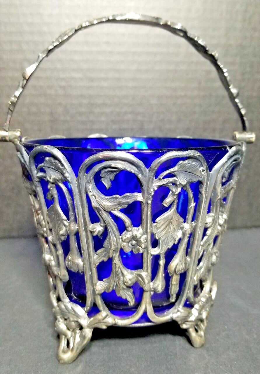 French Potpourri Vase, Blue Glass and Silverplate Base and Handle. Art Nouveau.