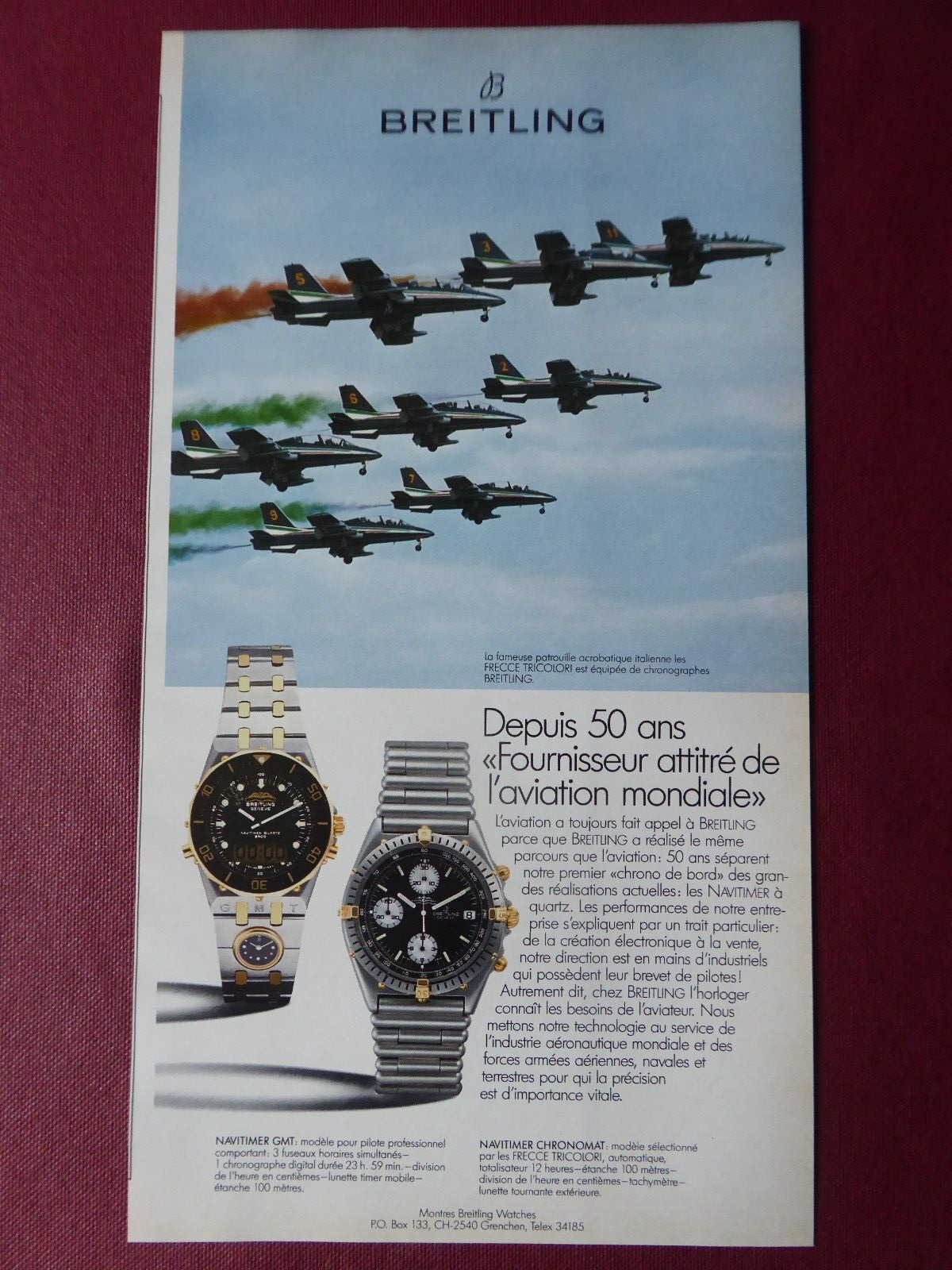 4/1985 PUB BREITLING WATCH NAVITIMER PAN ARROWS TRICOLORI FRENCH AD WATCH WATCH