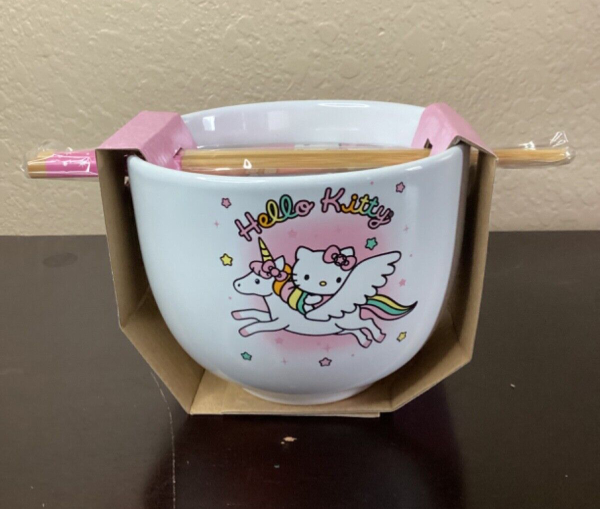 NEW Hello Kitty Ceramic Ramen Bowl 20 Oz w/Chopsticks Rainbow Unicorn ULTRA RARE
