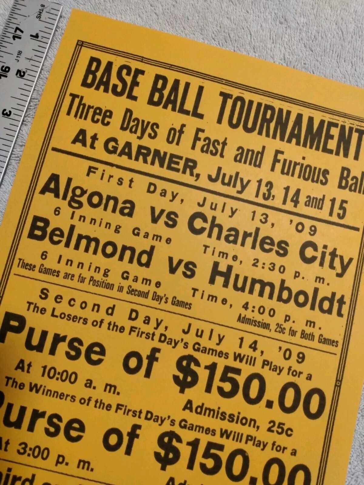 1909 Baseball Broadside Humboldt Algona Belmont Charles City Iowa  8.5 X 14 In