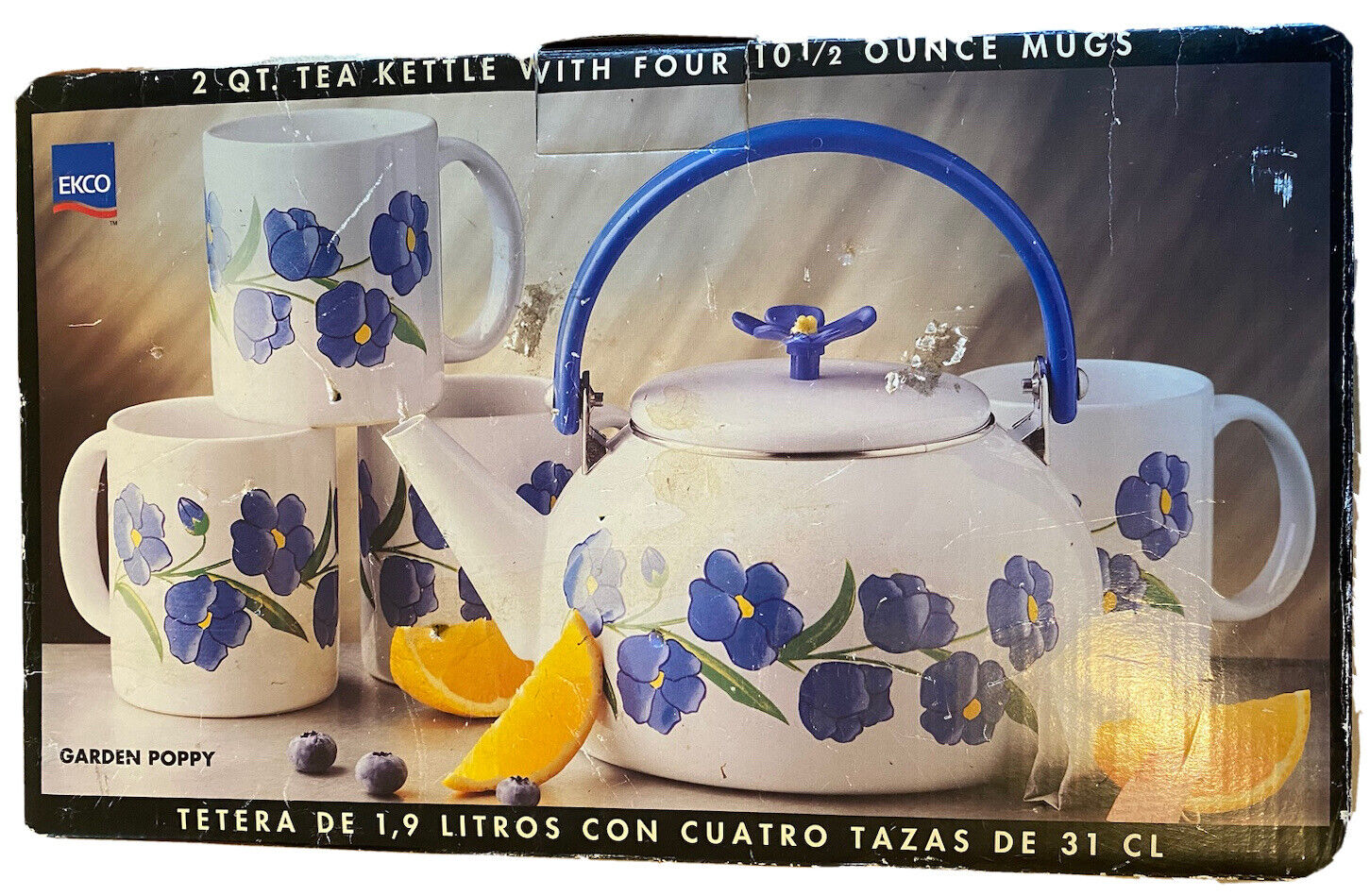 Tea Kettle & 4 Mug Set. Ecko 2 qt. Garden Poppy Beautiful Ceramic NEW Open Box