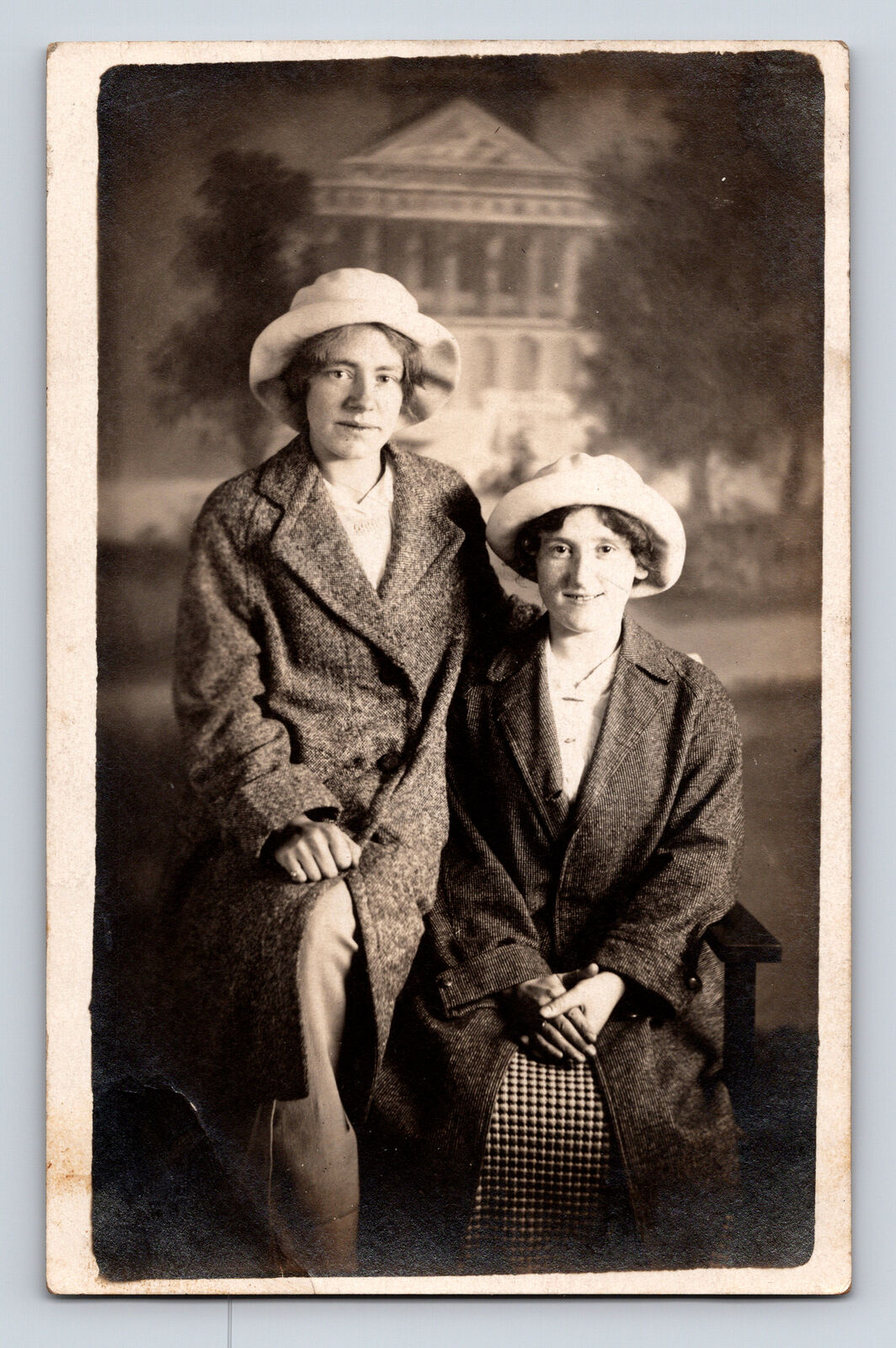 RPPC Portrait of Two Women Floppy Hats Overcoats Postcard