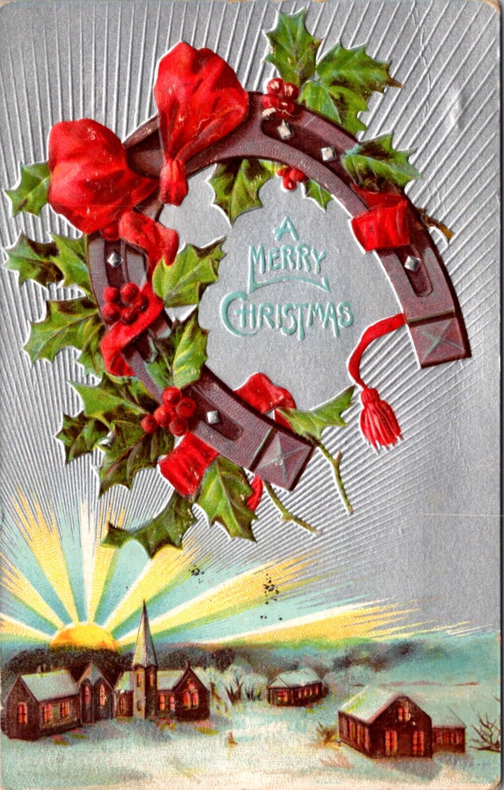 Christmas Postcard Horseshoe Wrapped in Holly and Red Ribbon Over Snowy Town