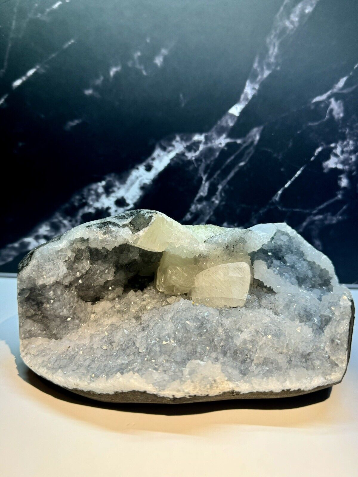 Chalcedony Geode On Calcite Apophyllite