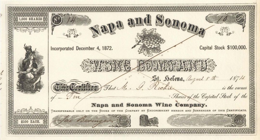 Jacob Beringer Signed Napa and Sonoma Wine Co. - Stock Certificate - Autographed
