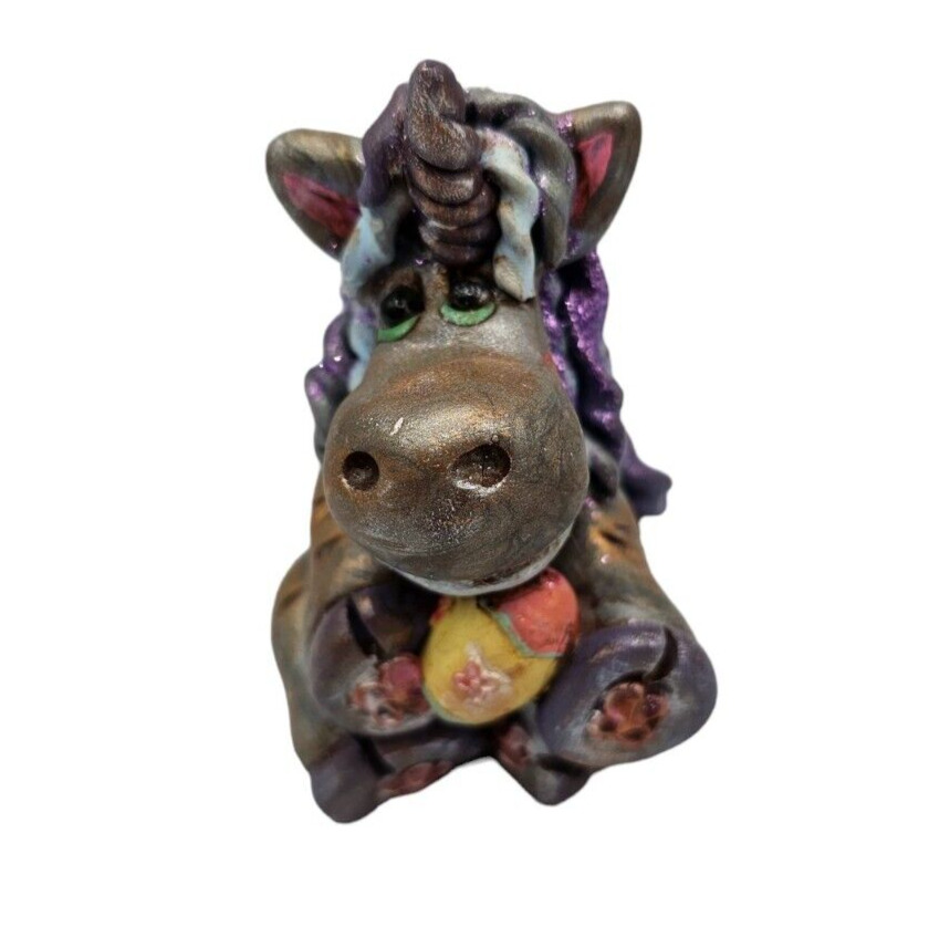 Custom OOAK Clay Unicorn Figurine Signed Whimsical Silver Holding Easter Egg