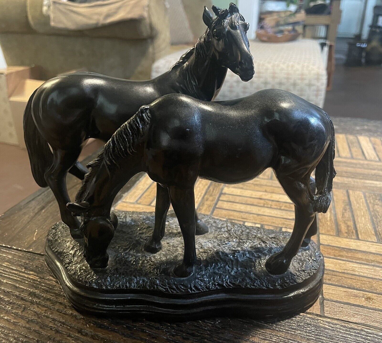 Vintage Bronze Colored Ironwood Equestrian Double “wild” Horse Statue Unmarked