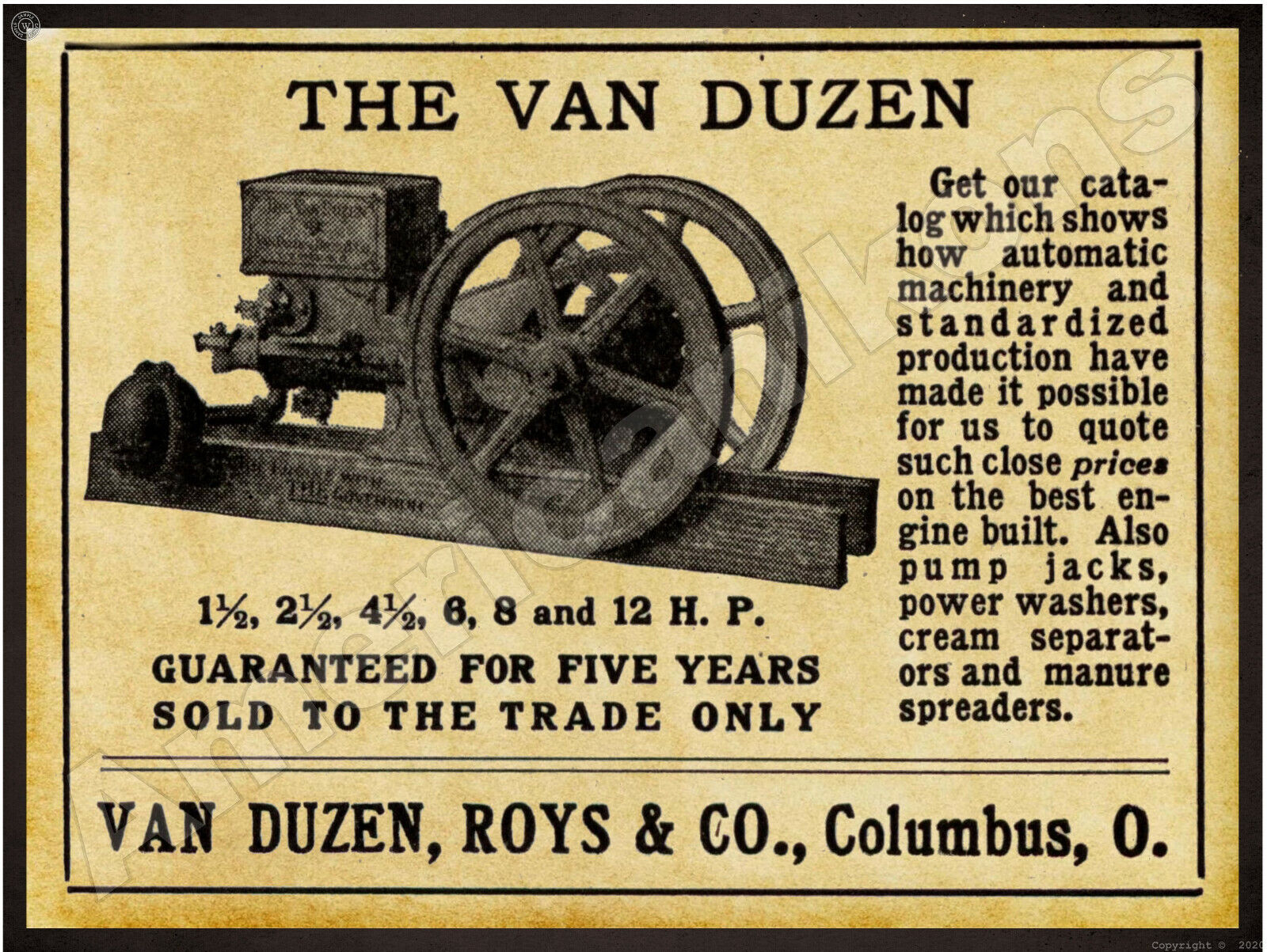 1912 Van Duzen Gas Engines New Metal Sign: Van Duzen, Roys, & Co. Columbus, OH