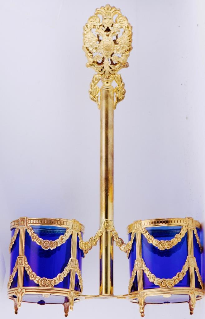 Imperial Russ Faberge Gilt Silver Cobalt Blue Crystal Caviar Holder-Tsar Palace