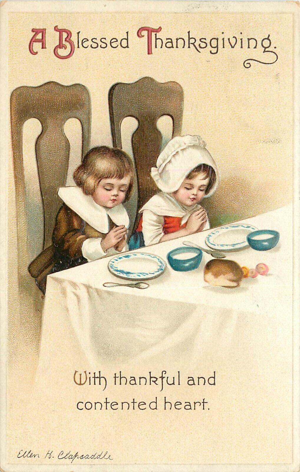 IAPC Embossed Thanksgiving Postcard A/S Clapsaddle, Puritan Children Say Grace
