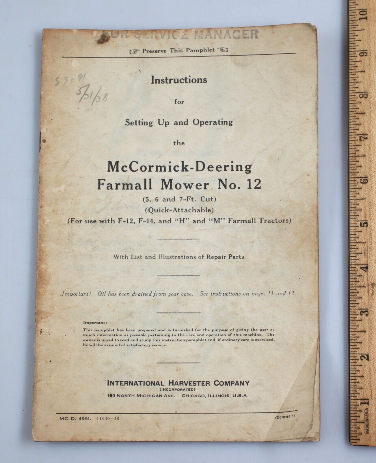 1940 International Harvester McCormick Deering Farmall Mower No. 12 Manual