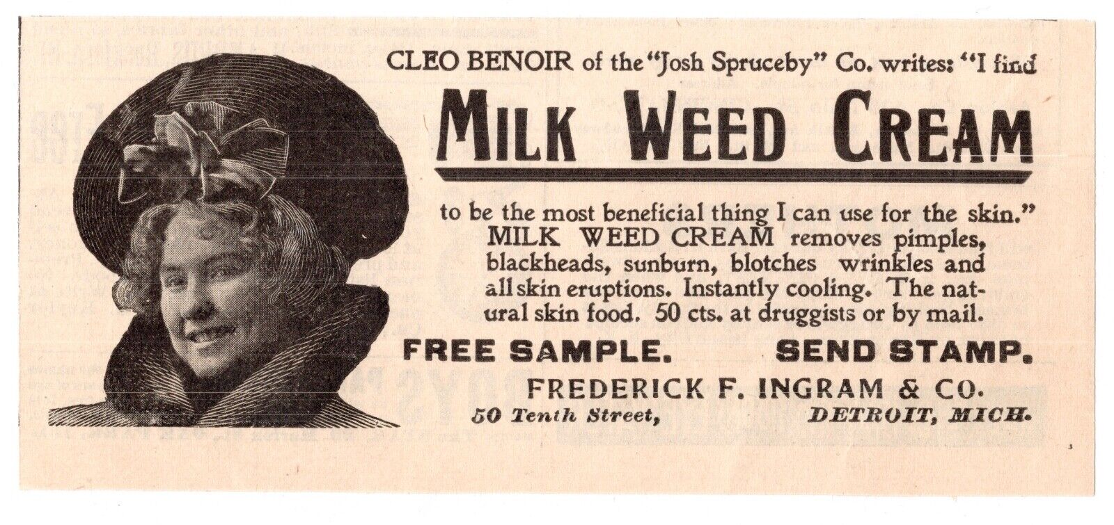 c1880s Ingrams Milk Weed Cream Skincare Beauty Detroit MI Antique Art Print Ad