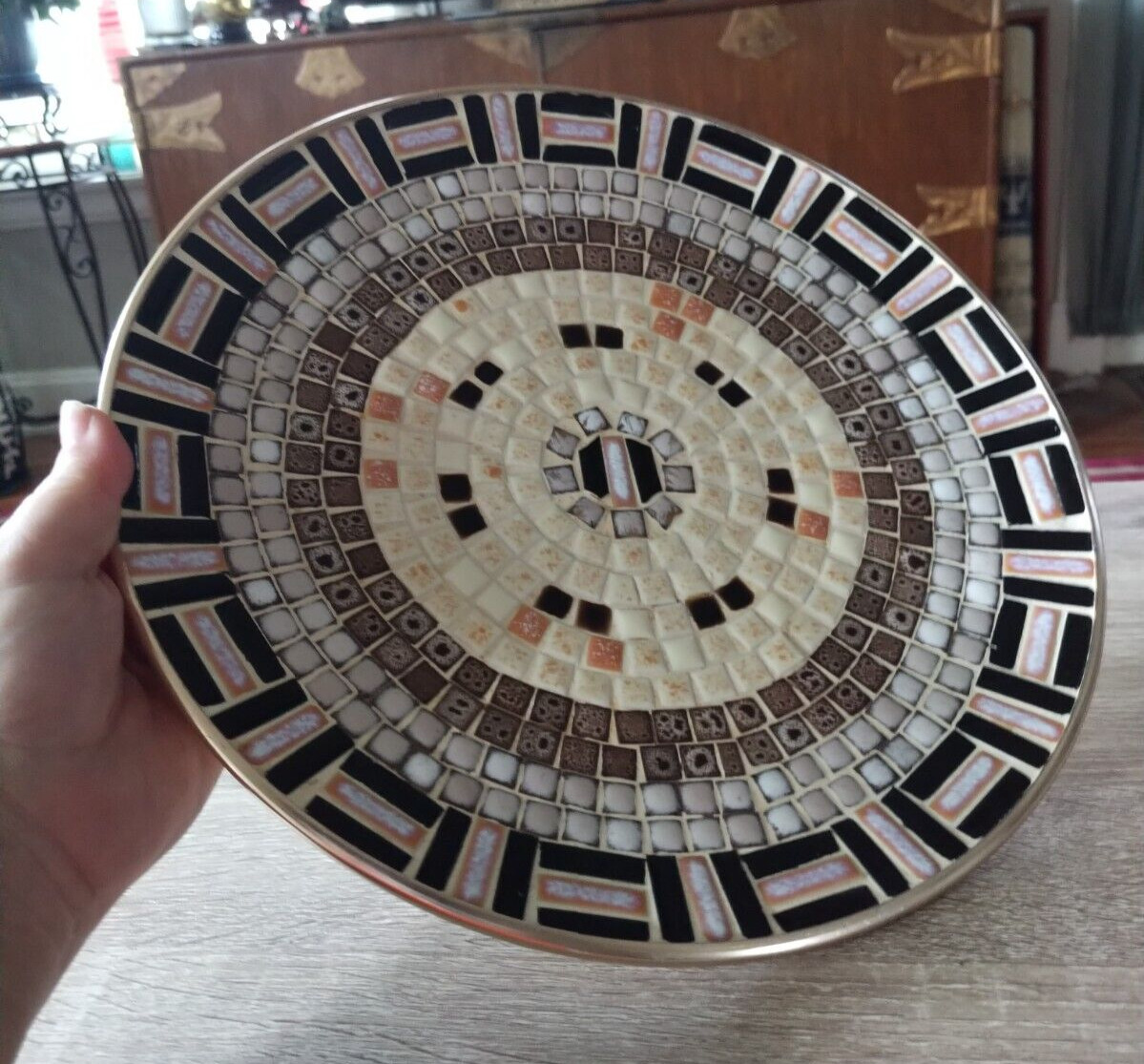Vintage 1960s handcrafted mid-century modern mosaic tile platter, plate