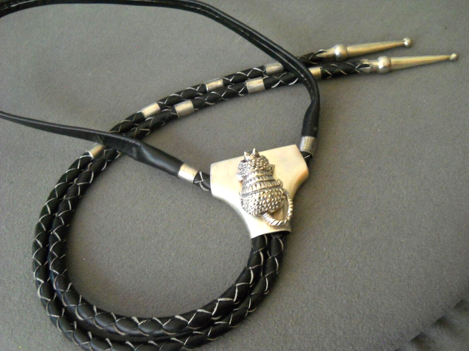 Southwestern Style Satin Sterling Silver 3D Armadillo Bolo Tie with Ferrules Mex