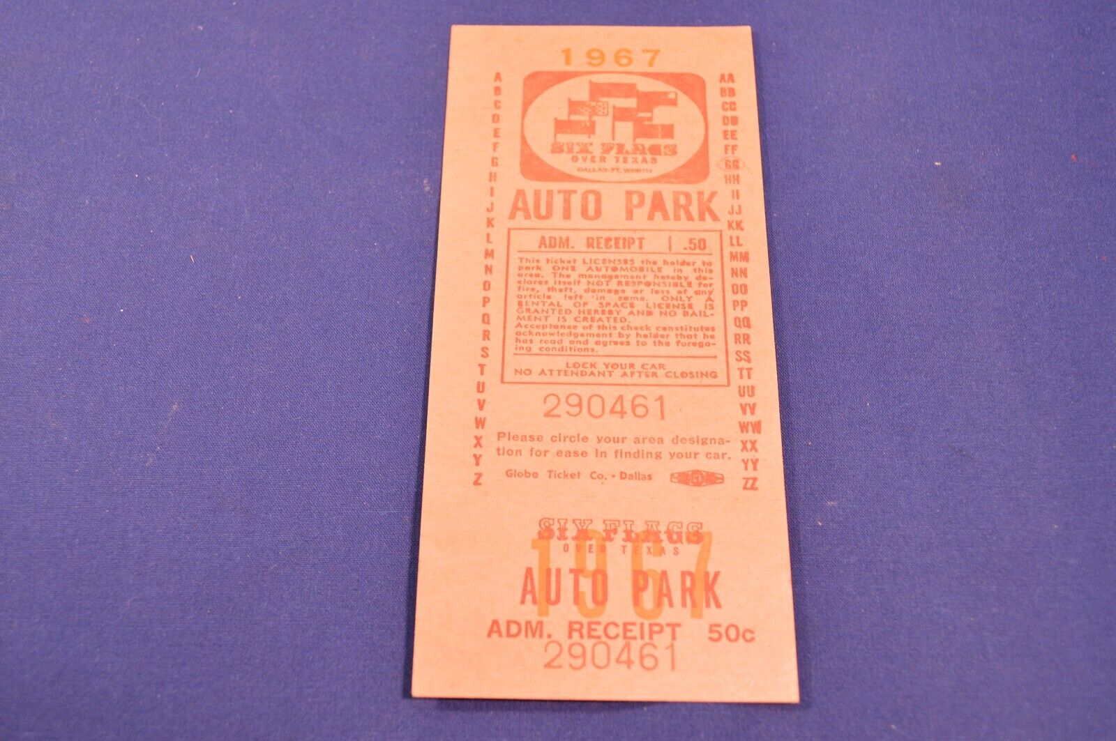 1967 Six Flags Texas Auto Park Receipt Ticket,Dallas-Fort Worth