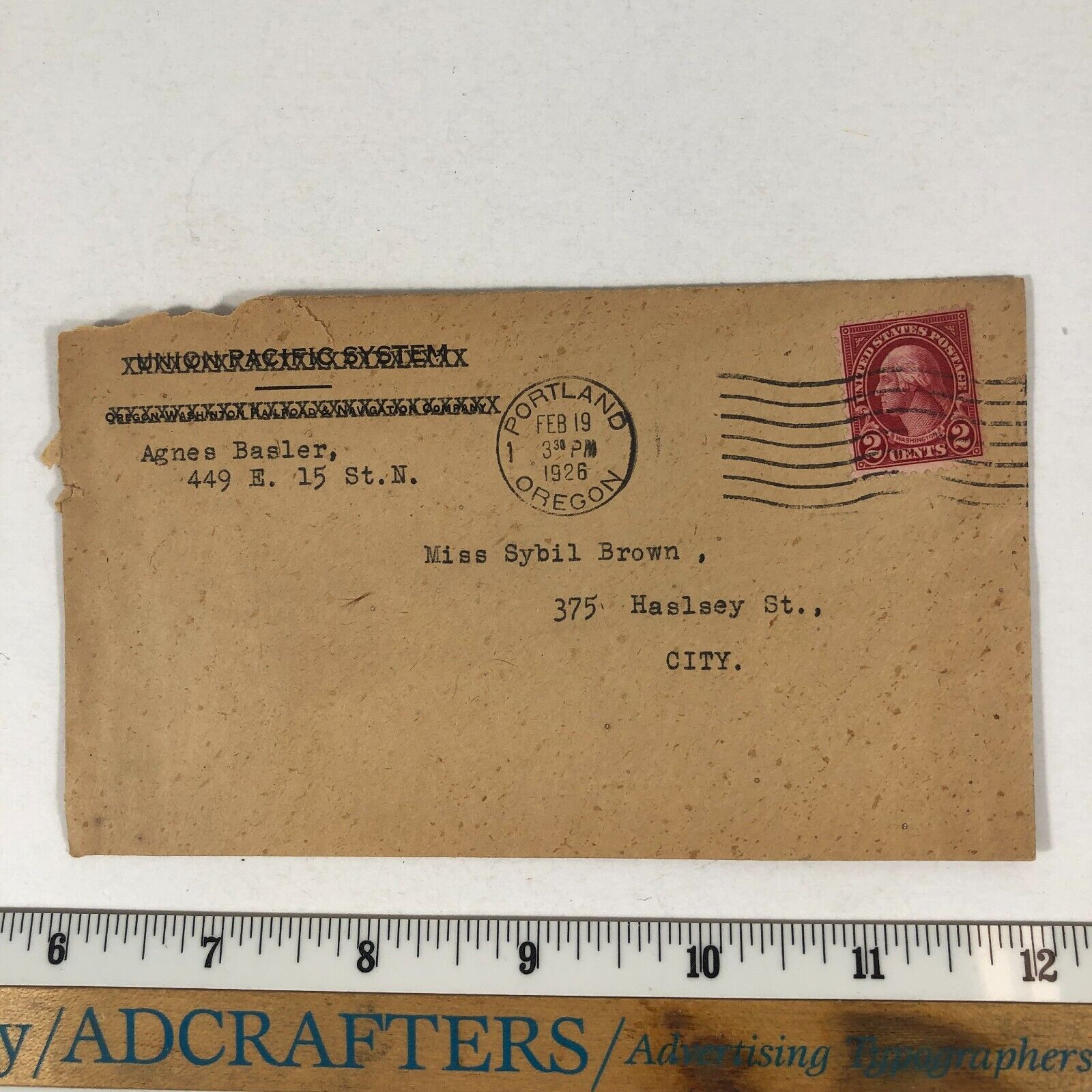 Vintage Portland Oregon February 19 1926 Washington Stamp Posted Envelope