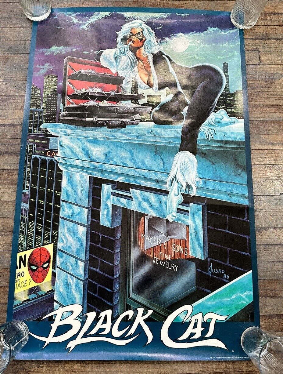 VINTAGE 1986 MARVEL COMICS BLACK CAT JEWELRY HEIST POSTER BY JOE JUSKO 22 X 34