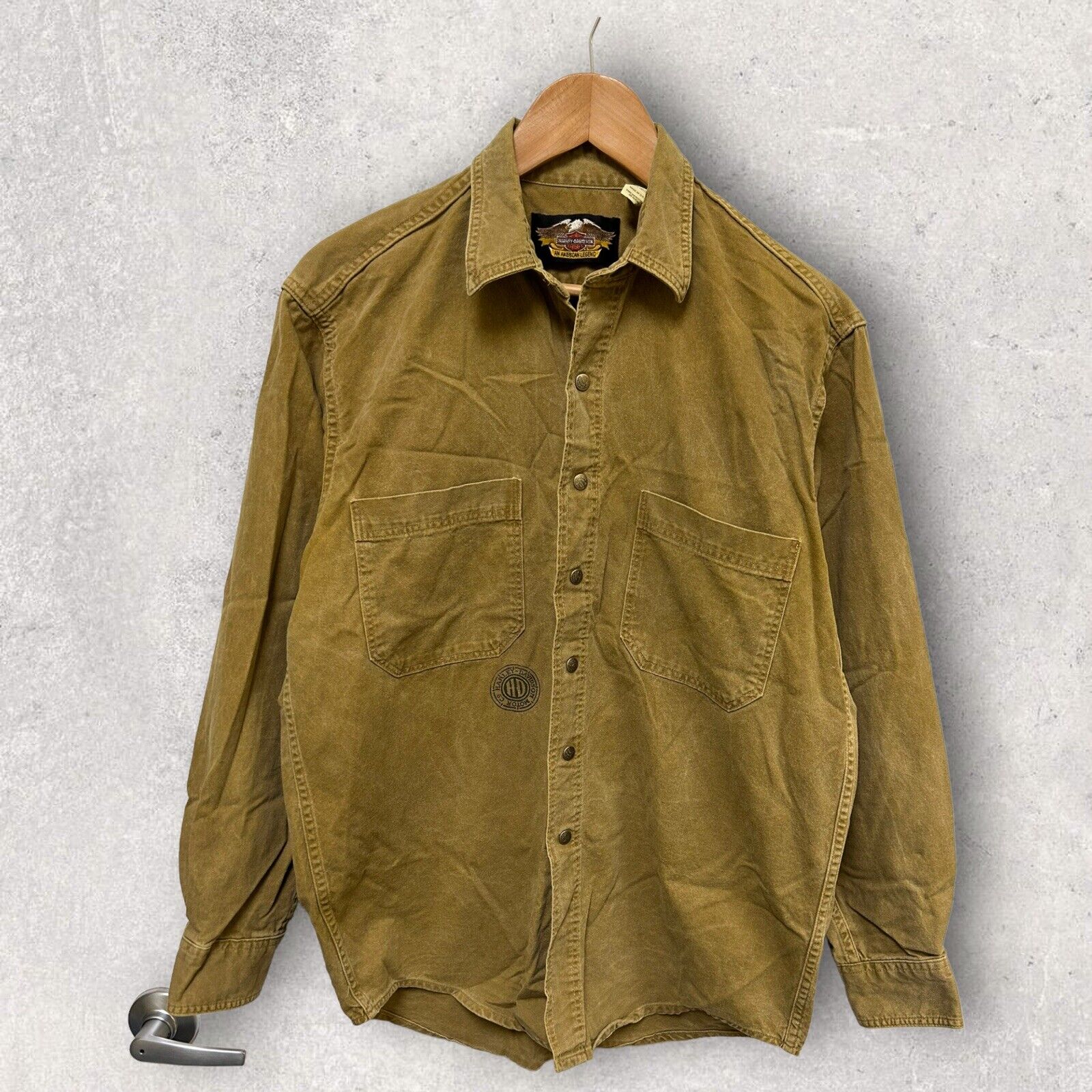 Harley Davidson Men\'s Vintage Long Sleeve Snap Up Shirt Brown Fits Medium