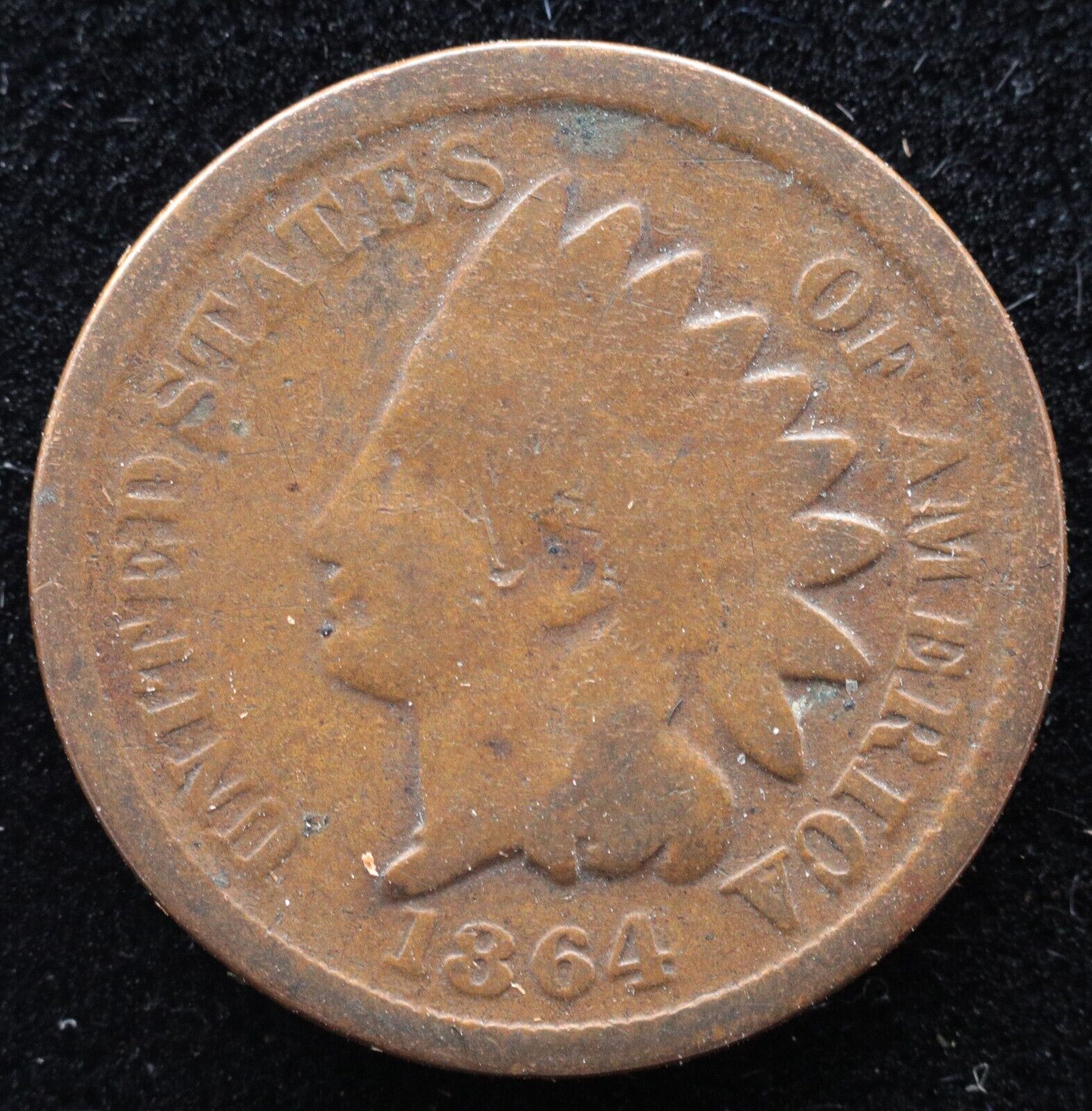 KAPPYSCOINS G8496 1864 BZ  CIVIL WAR USED AND DATED  INDIAN  CENT GOOD SEV SPOTS