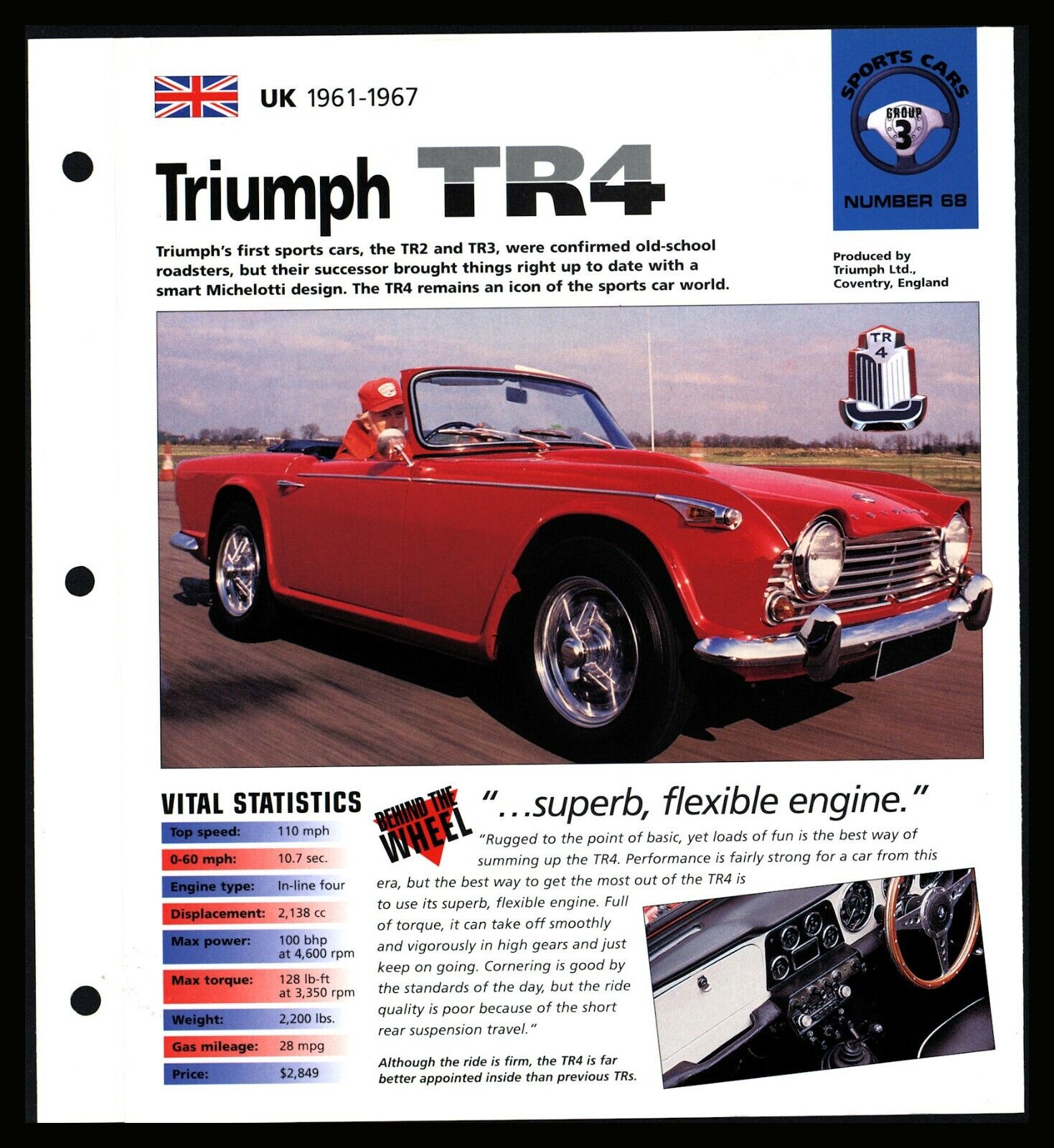 Triumph TR4 (UK 1961-1967) Spec Sheet 1998 HOT CARS Sports Cars #3.68