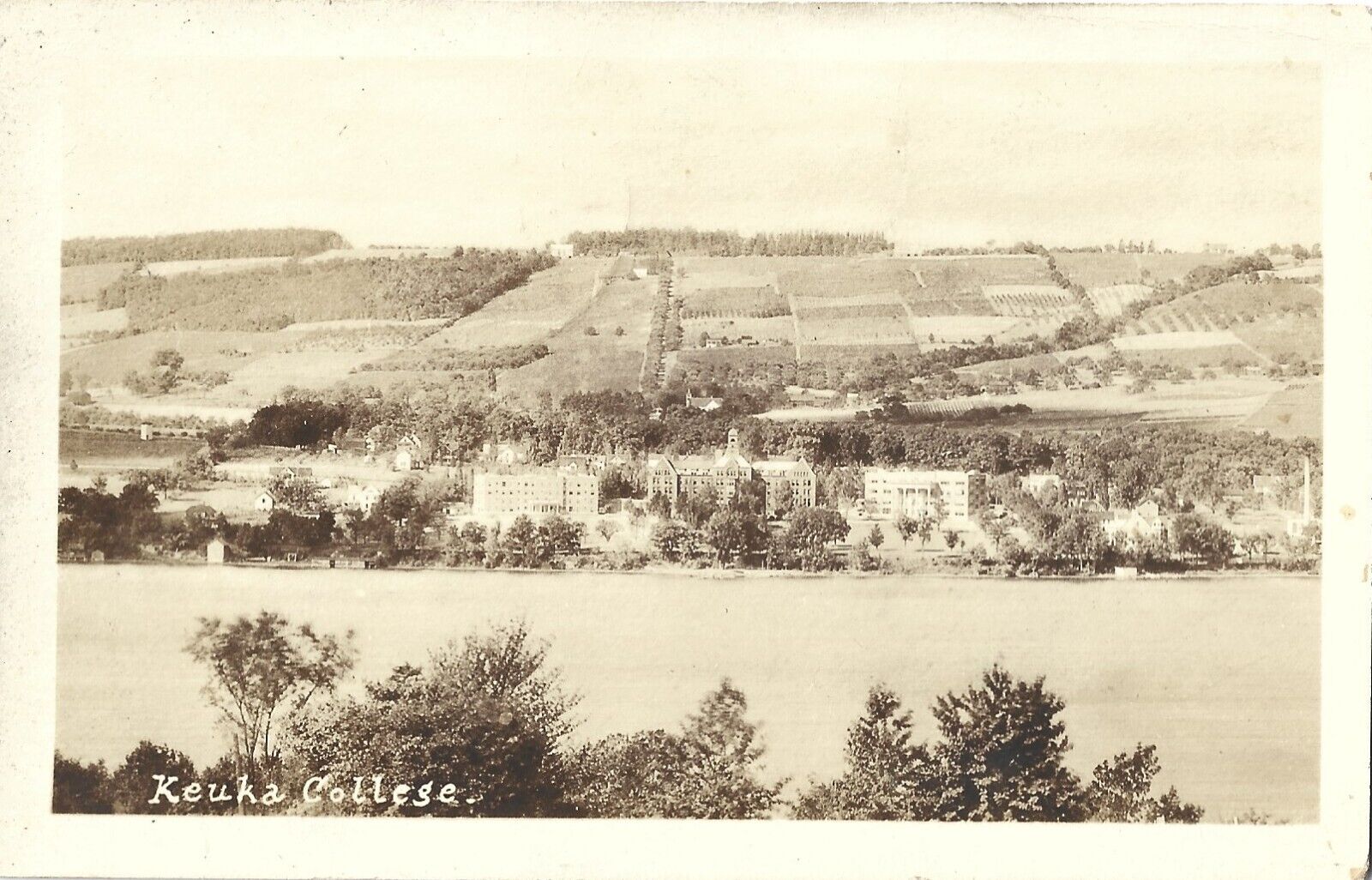 1926 aerial view of Keuka College, Keuka NY, lake, farms;  nice old RPPC