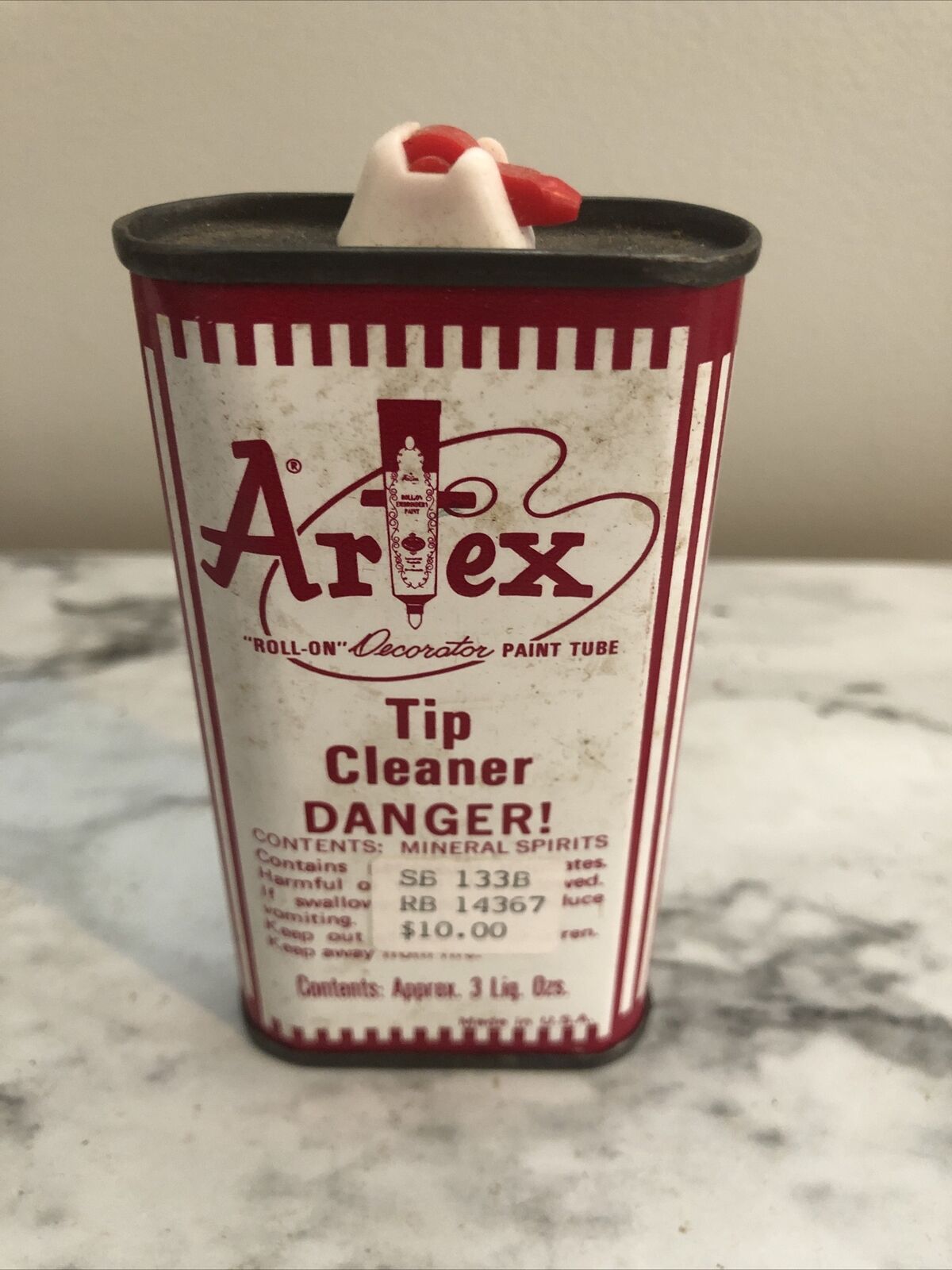 VINTAGE 1960\'S METAL ARTEX TIP CLEANER OIL CAN EMPTY WITH GREAT GRAPHICS