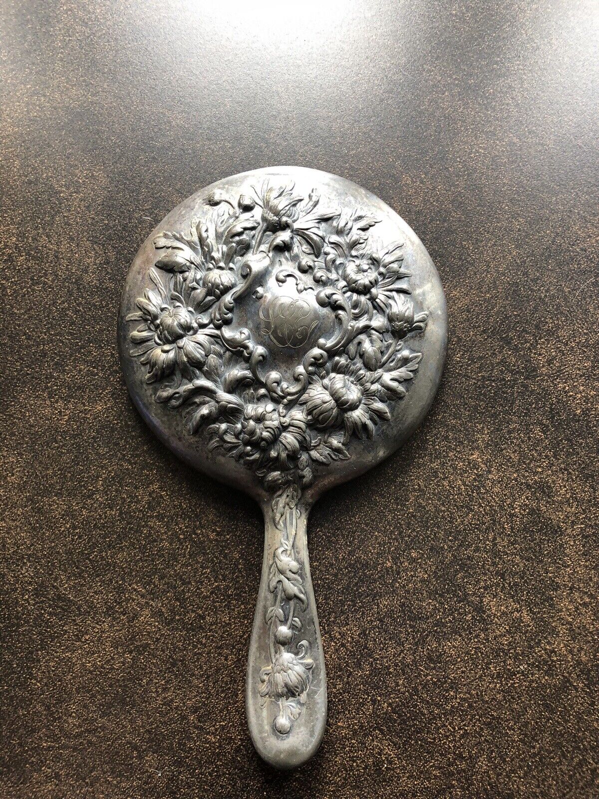 Reed & Barton #65? Repoussé Silverplate Hand Mirror Ornate Floral Antique Vanity