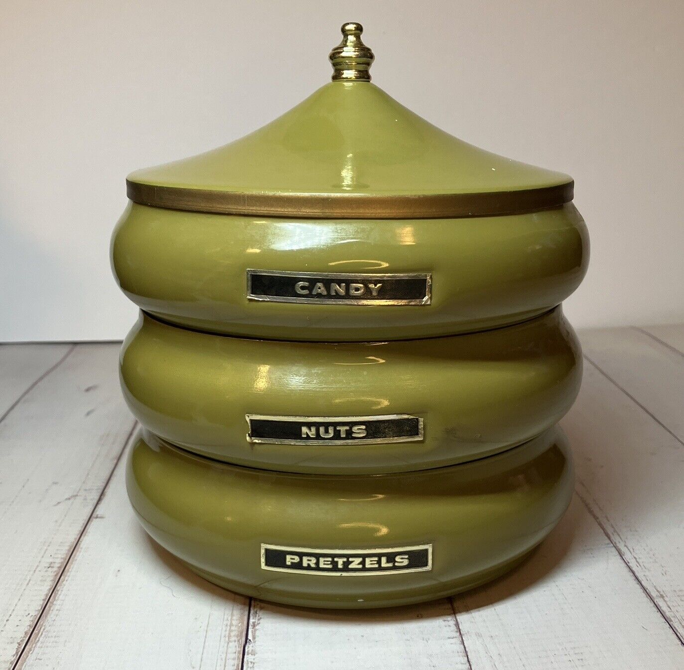 Vintage MCM Avocado Green Stacking Metal Snack Canister Candy Nuts Pretzels FLAW