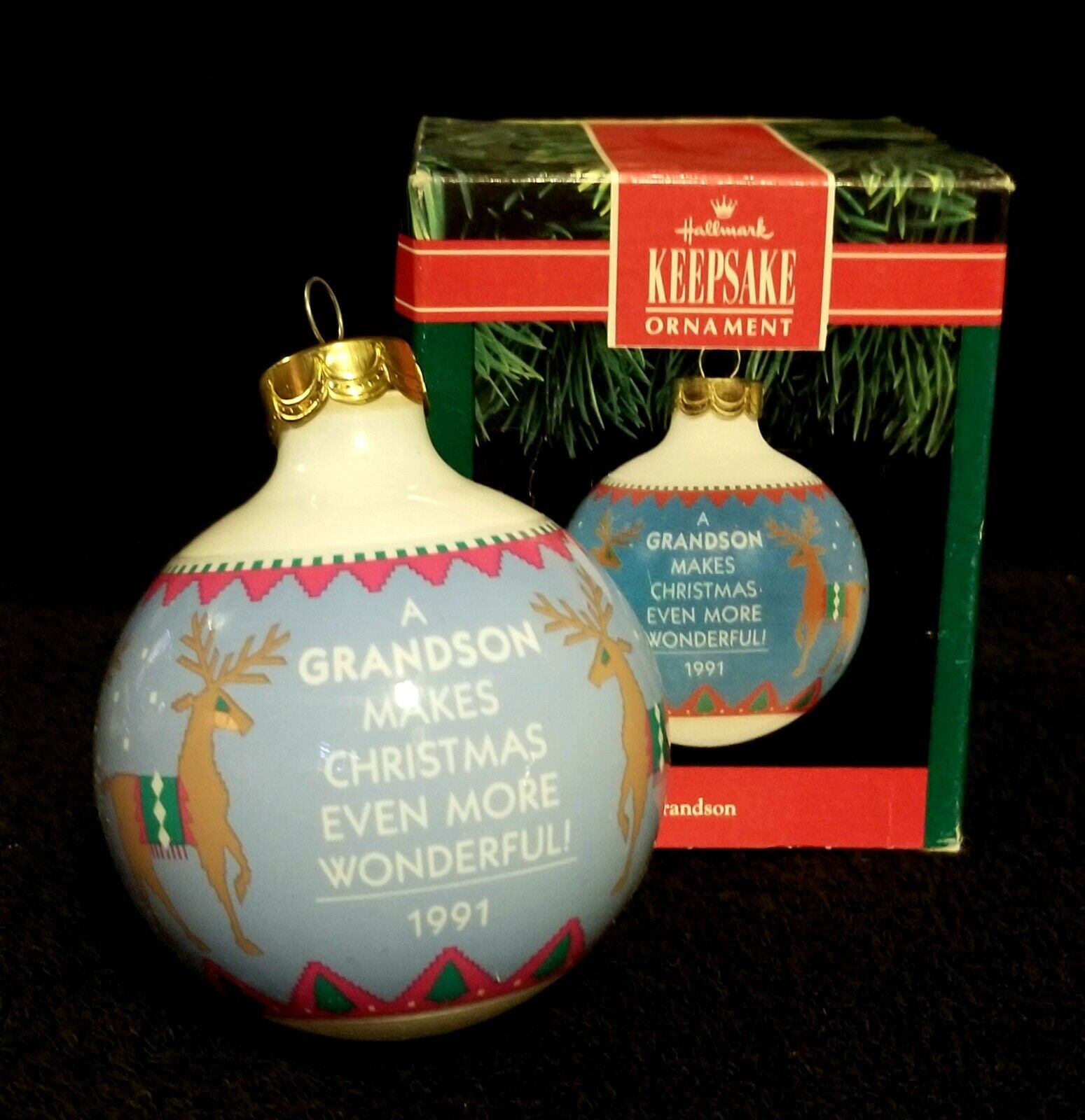 Vintage 1991 Hallmark Grandson Christmas Ball Ornament - Original Box