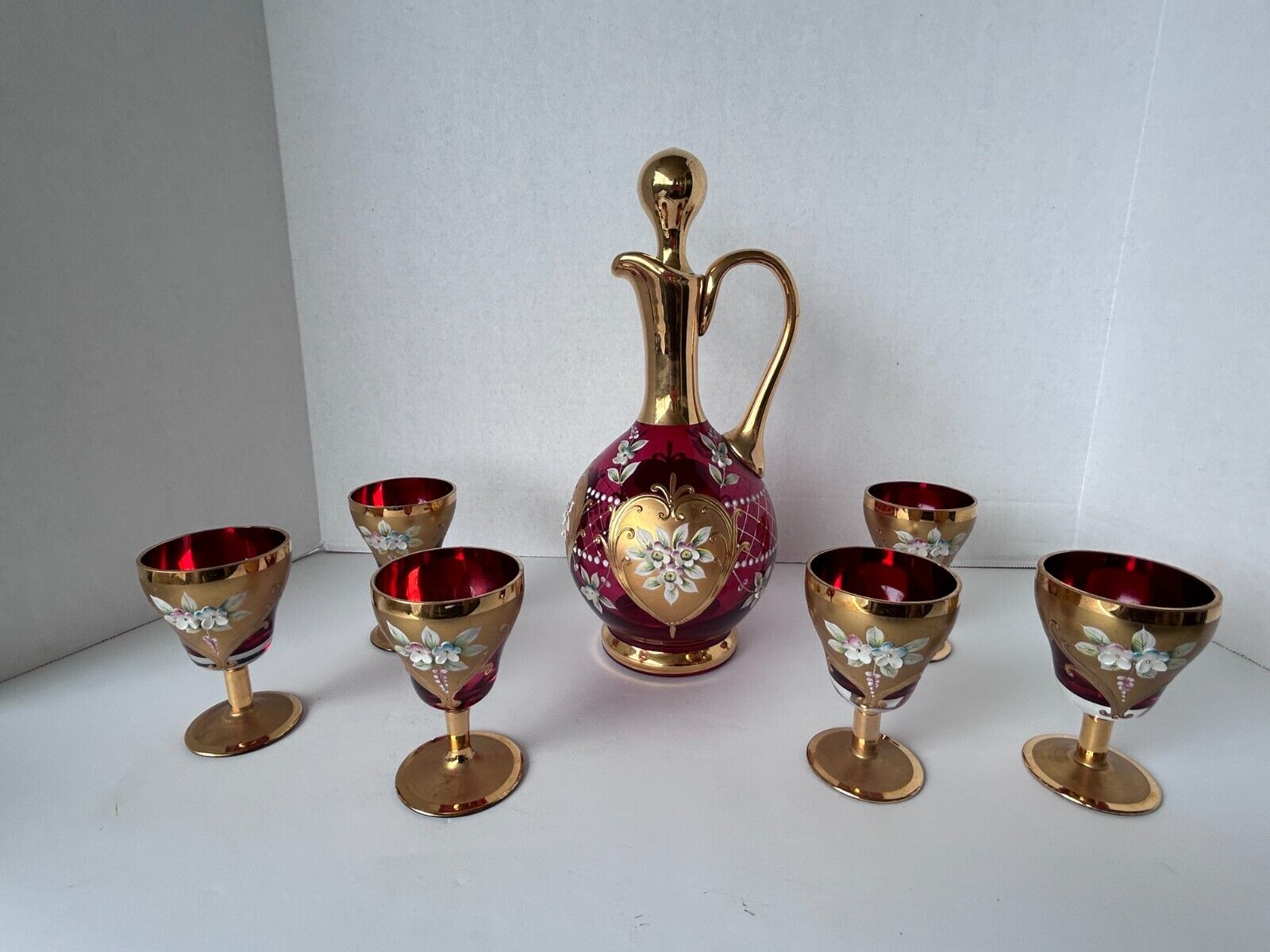 Vintage MOSER BOHEMIAN Ruby Glass Hand Painted GILT DECANTER & 6 WINE GLASSES