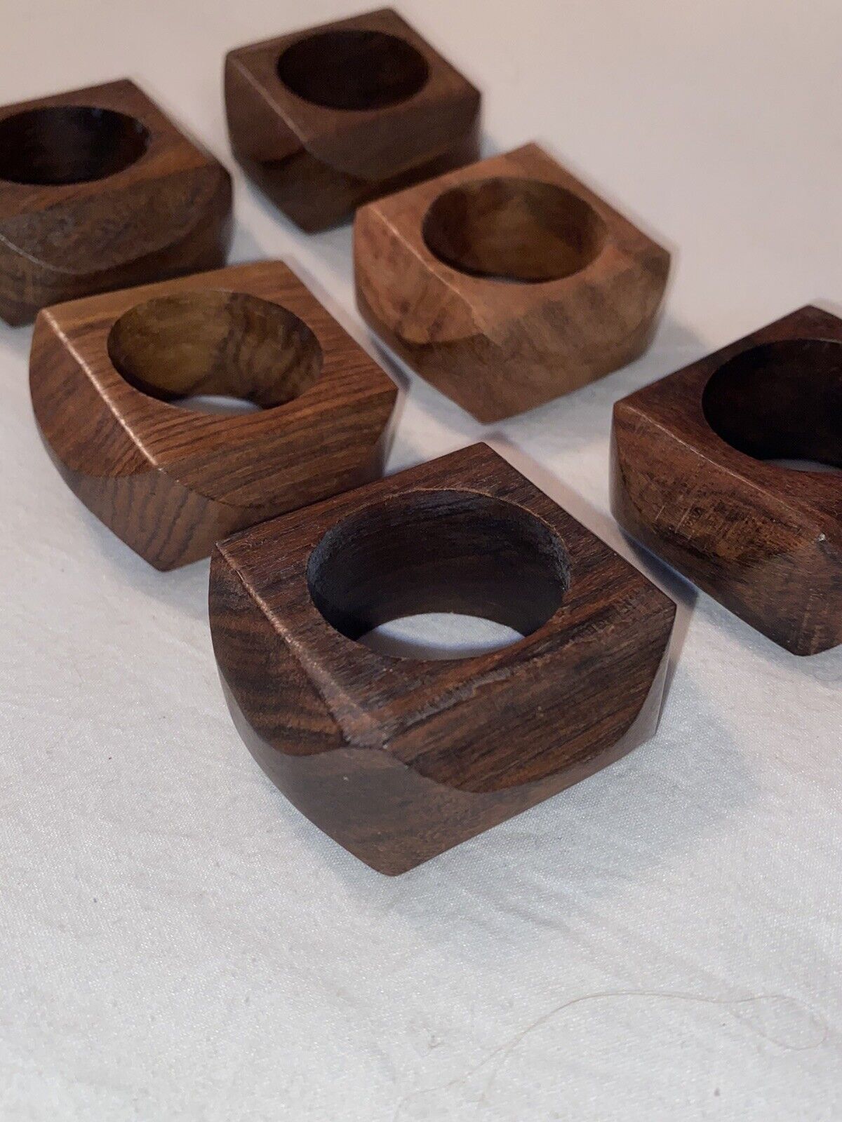 Vintage  MCM Faceted Teak Wood Napkin Rings Holders Set of 6