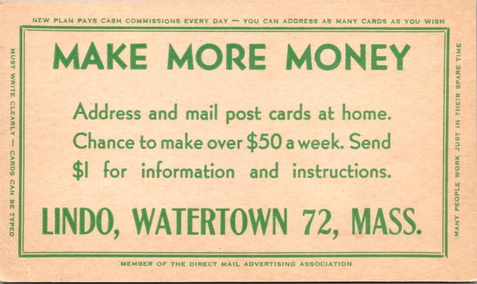 Advertising PC Address & Mail Postcards for Money Lindo Watertown Massachusetts
