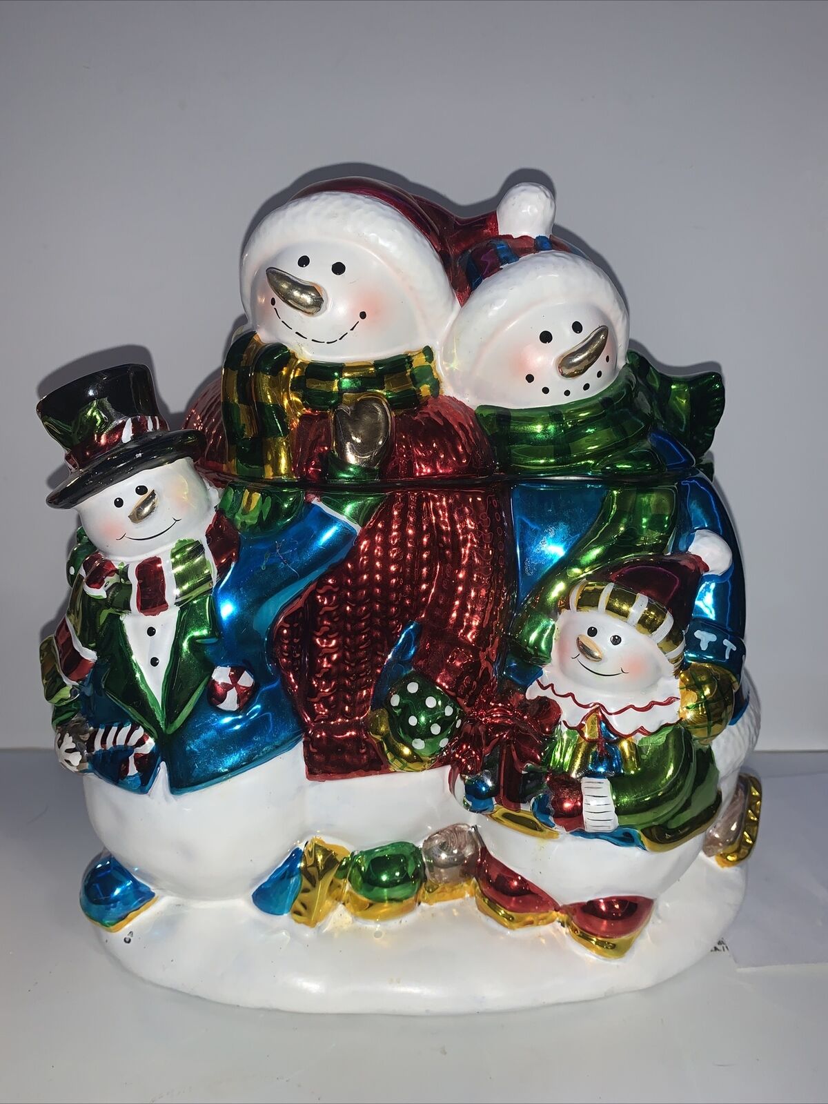 David\'s Cookies Snowman Family Ceramic Cookie Jar Winter Christmas Colorful 10\