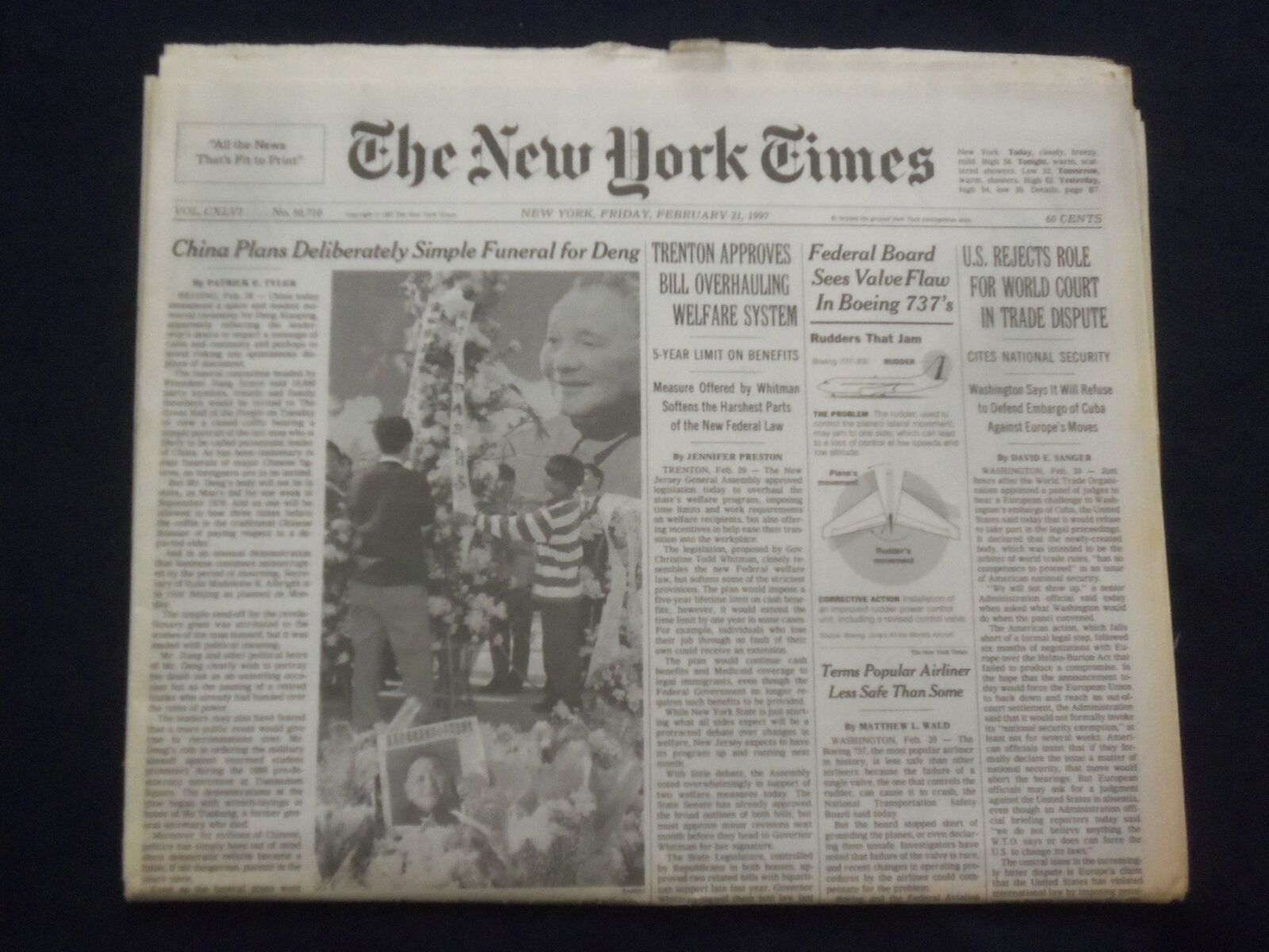 1997 FEB 21 NEW YORK TIMES NEWSPAPER -U.S. REJECTS ROLE FOR WORLD COURT- NP 7082