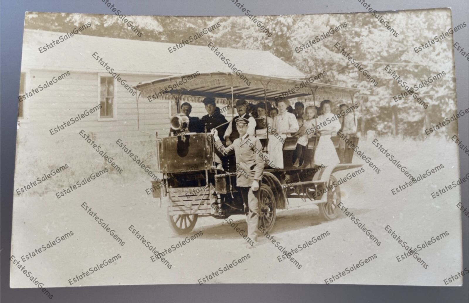 Antique RPPC early stage transport truck bus passengers Real Photo Postcard