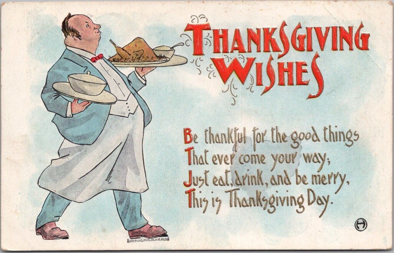 1909 THANKSGIVING WISHES Embossed Postcard Waiter w/ Roasted Turkey on Platter