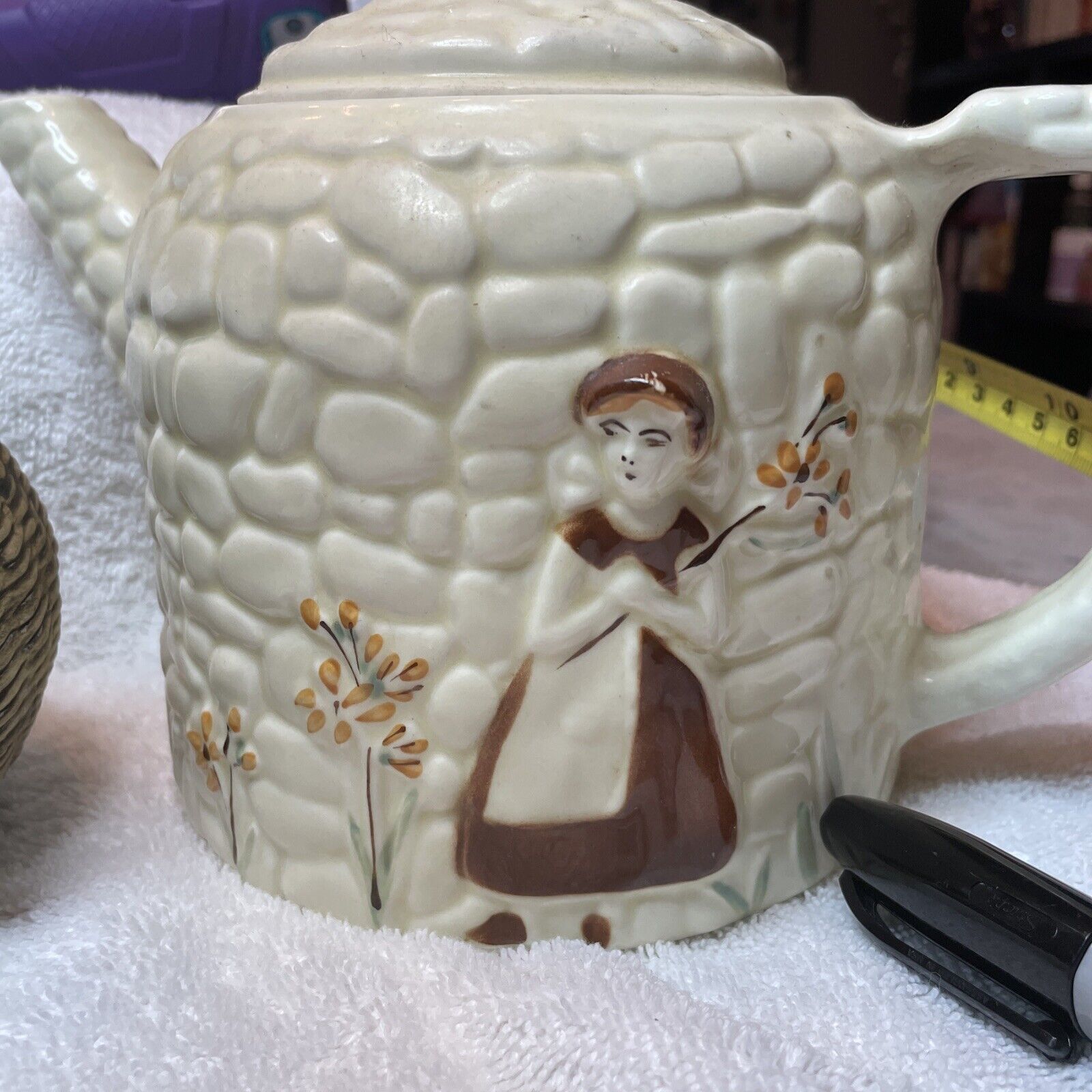 Vintage Porcelier Cobblestone Tea Pot /Lid Vitreous Hand Decorated Girl Flowers