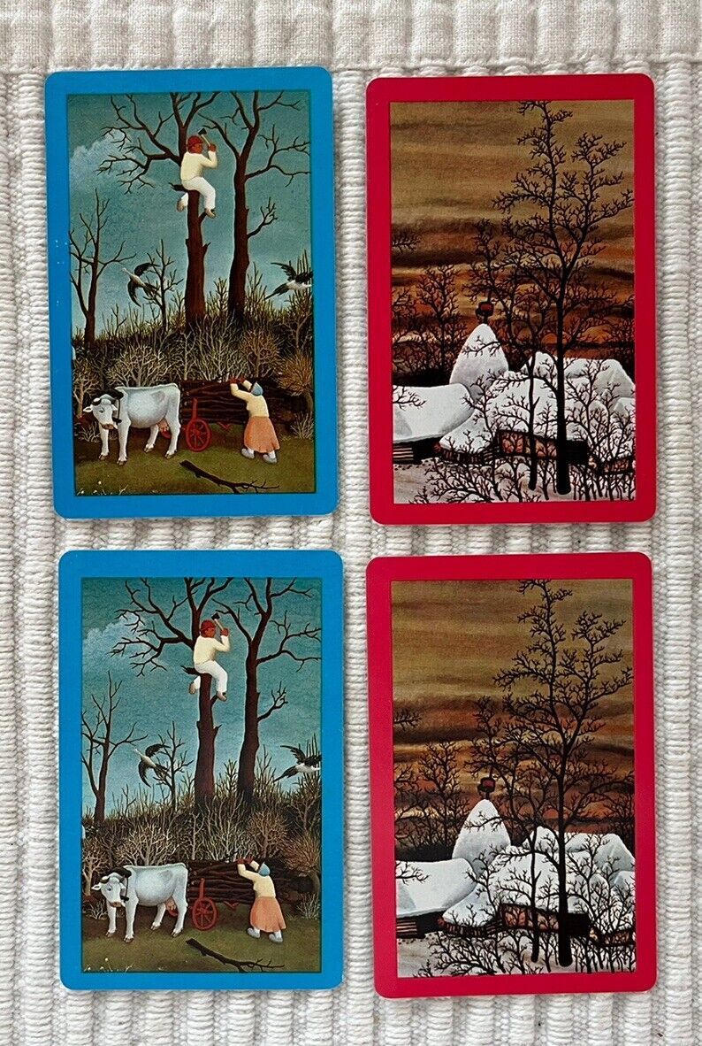 4 Vintage Playing Cards ~ Logging Scene/People/Cow/Wagon ~ Snow Covered Homes