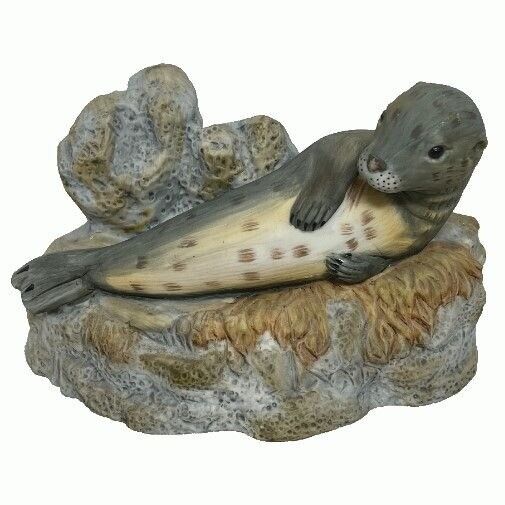 Gray Seal Ocean Sea Ceramic Figurine On Rock 5 1/4\