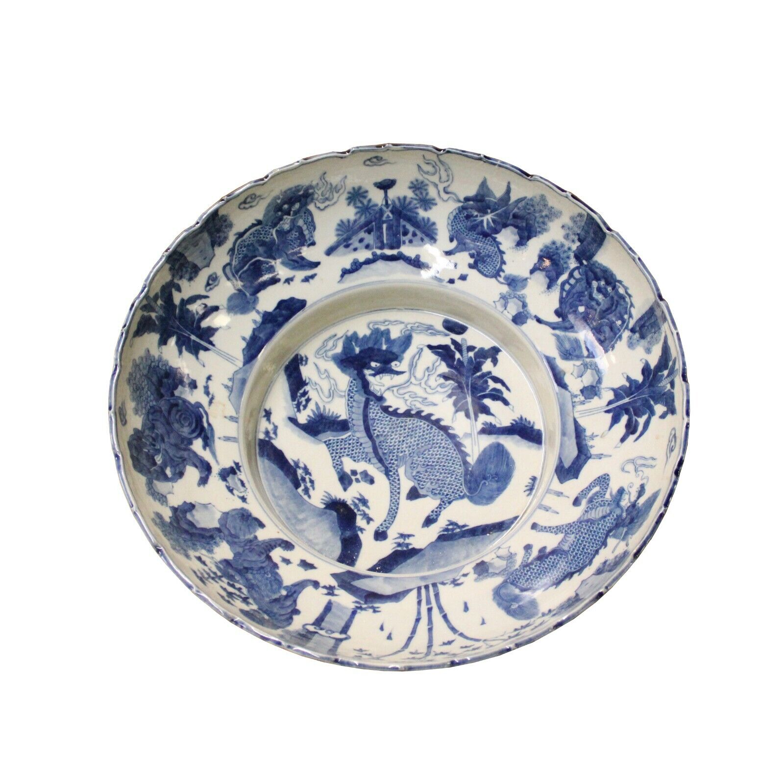 Chinese Blue White Round Porcelain Kirin Graphic Bowl Deep Plate ws1087