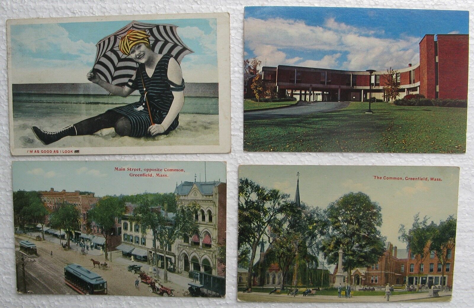 GREENFIELD MA 4 Antique Postcards The Common Main Street Hospital Beach Beauty