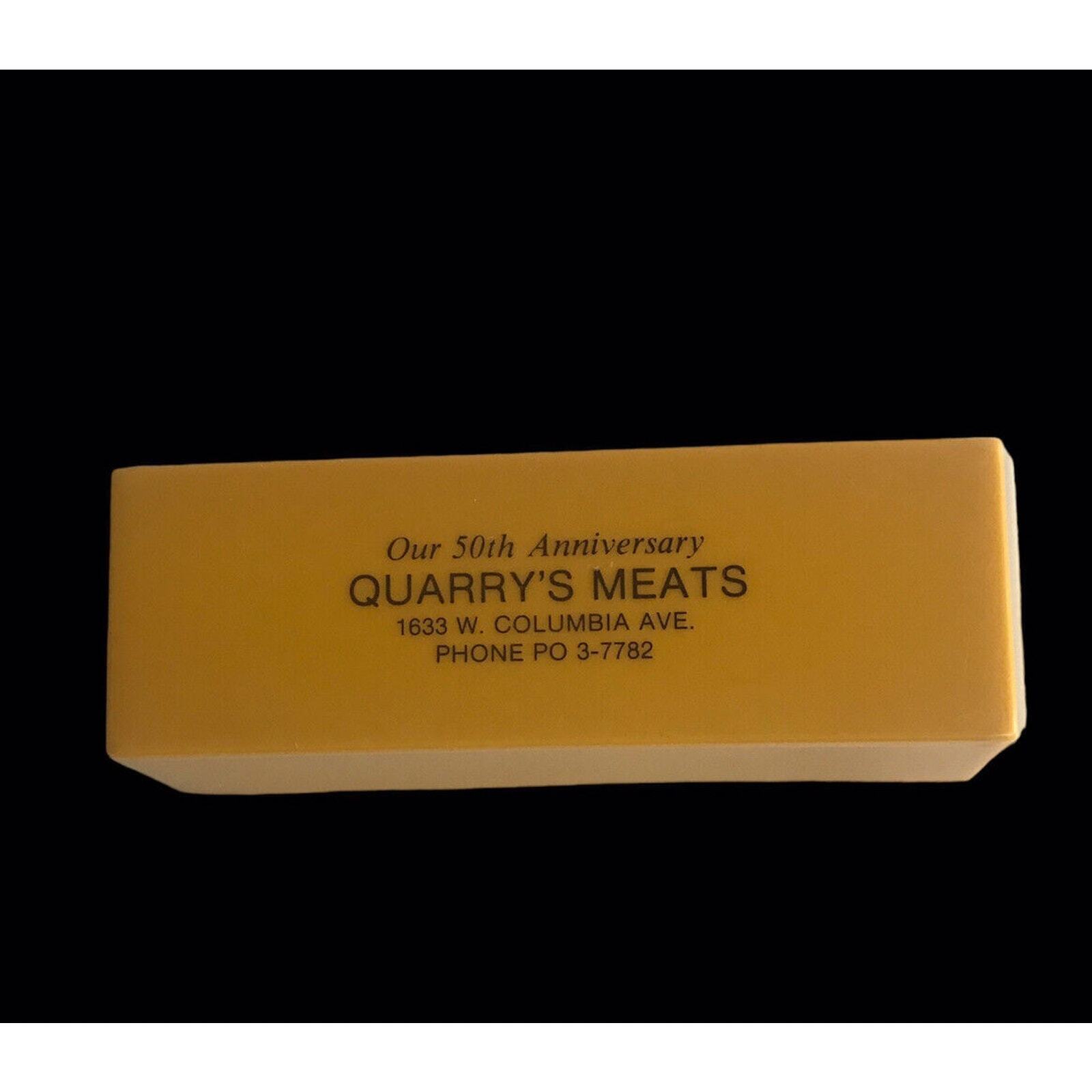  Quarry\'s Meats Plastic Butter Dish Columbia Ave PA Gold Plastic Advertising 